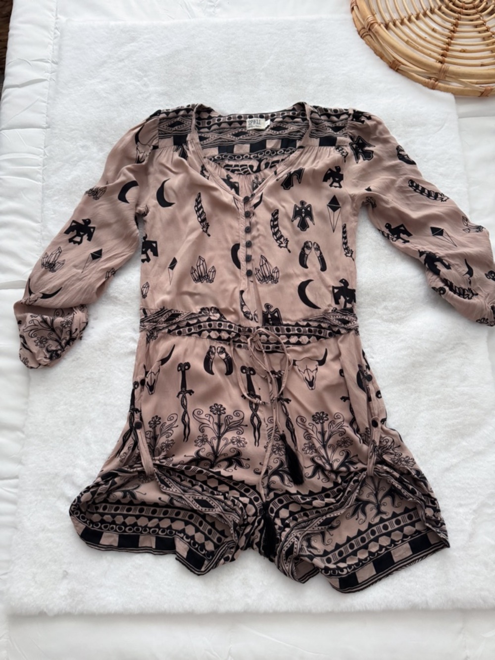 Spell & The Gypsy Tribal Romper Thunderbird Tassel Boho Taupe Brown - Picture 9 of 14